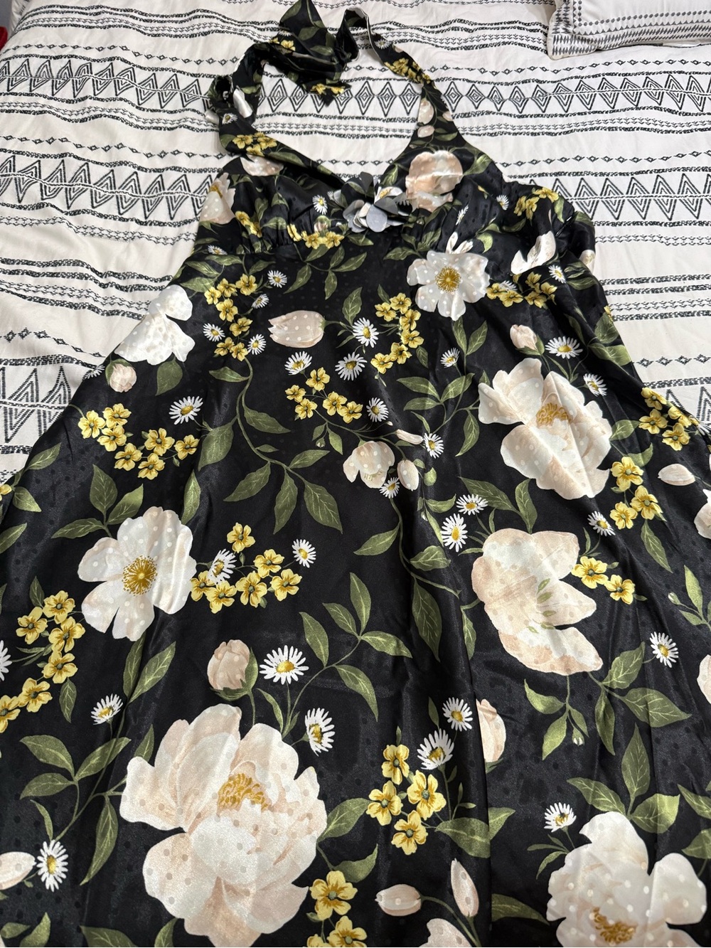 Old Navy Black Floral Maxi Dress with White and Yellow Blooms